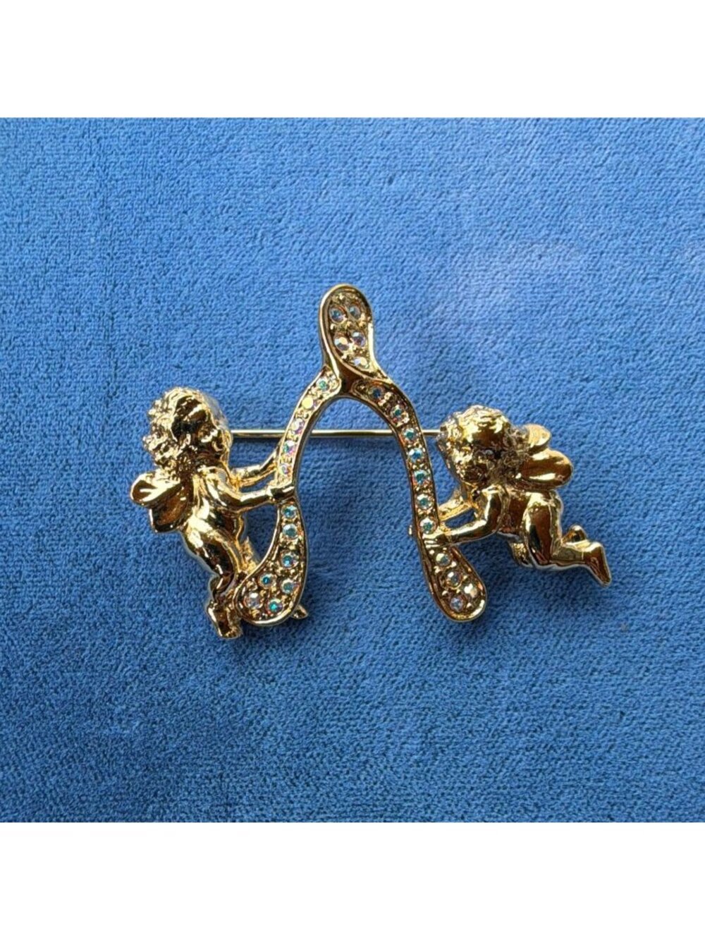 Vintage Kirks Folly Cherub Wishbone Brooch Pin Gold Tone AB Rhinestone Angel 80s